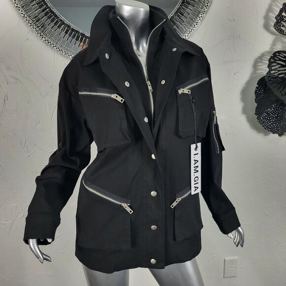 NWT~$295~I AM GIA~S/M~BLACK MILITARY UTILITY CARGO DENIM JEAN JACKET COAT - Picture 3 of 16